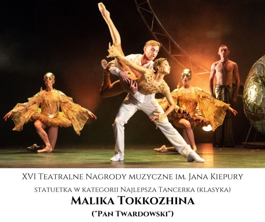 kolorowe zdjęcie ze spektaklu "Pan Twardowski" - scena z laureatką nagrody dla najlepszej tancerki klasycznej, Maliką Tokożiną