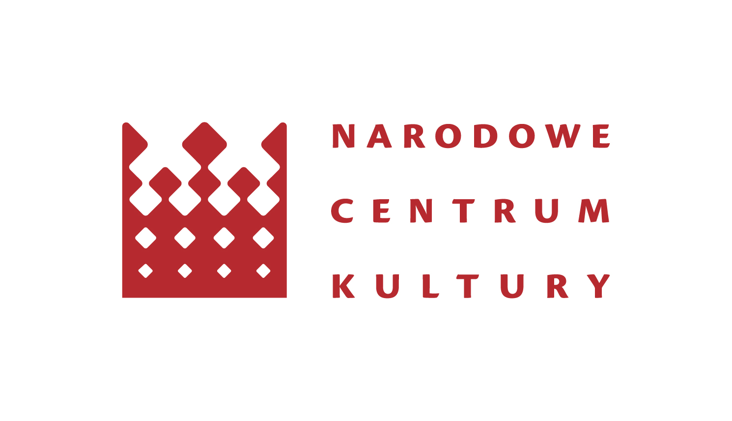 Logo składa się z dwóch części: po lewej widać bordową koronę złożoną z czerwonych kwadratów ustawionych ukośnie. Obok niego widać napis w bordowym kolorze: Narodowe Centrum Kultury