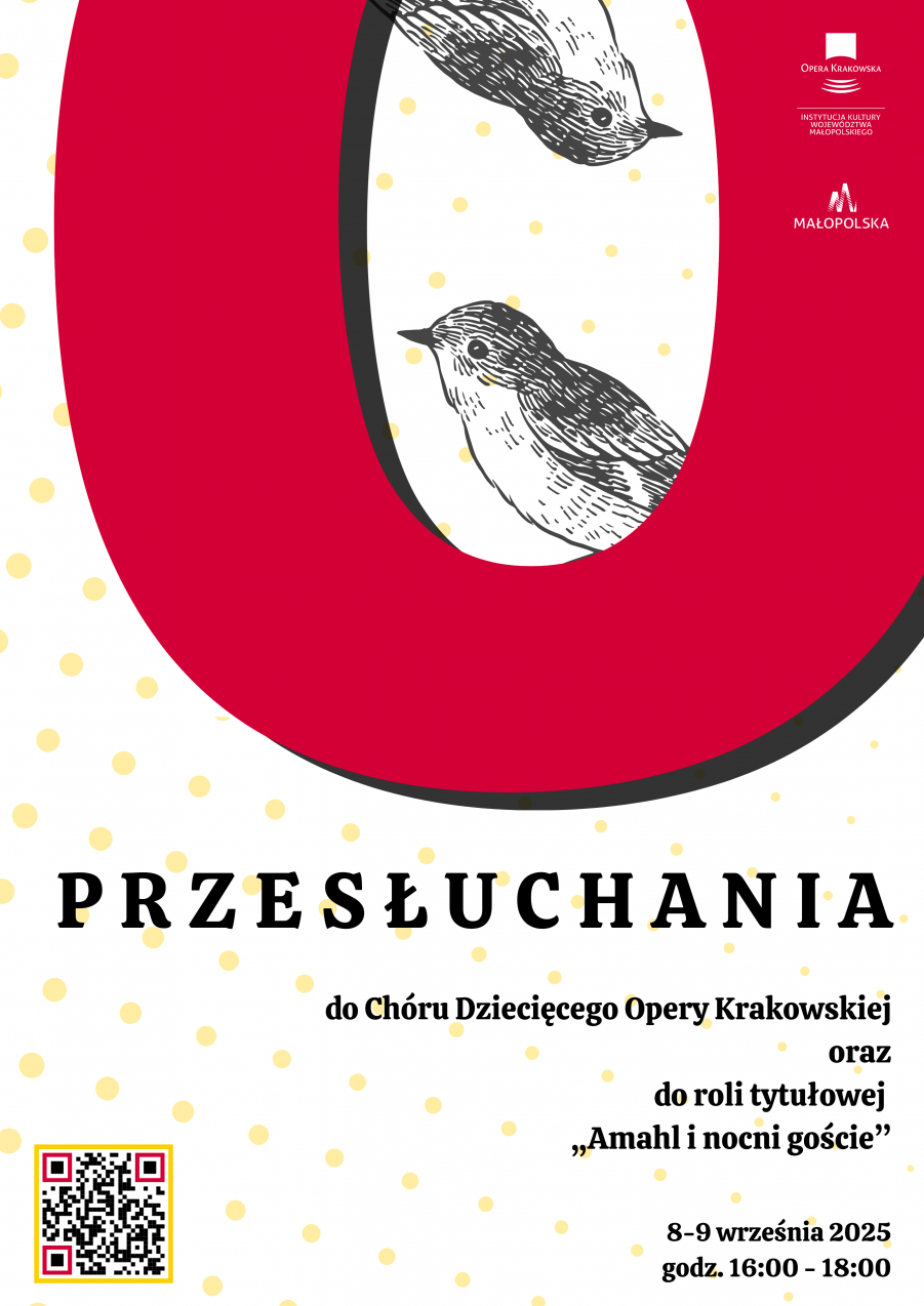 Dwa zabawne ptaszki zerkają przez wielką, czerwoną literę O