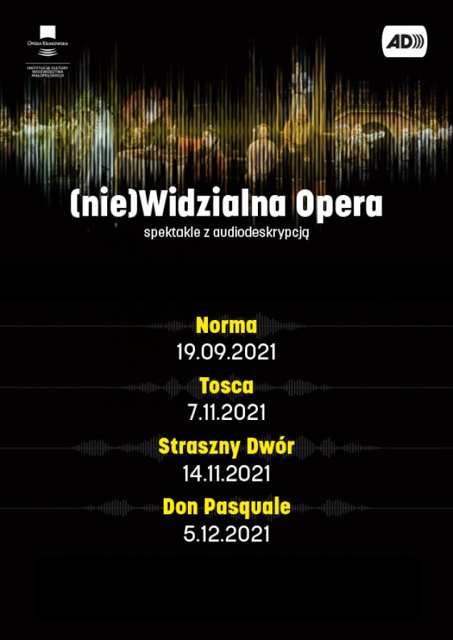 Żółta grafika obrazująca fale dzwiękowe, na czarnym tle. Spod fal dźwiękowych wyłaniają się półprzezroczyste postaci ze spektakli Opery. Pod spodem napis (nie)Widzialna opera i tytuły wraz z datami: Norma, Tosca, straszny Dwór, Don Pasquale